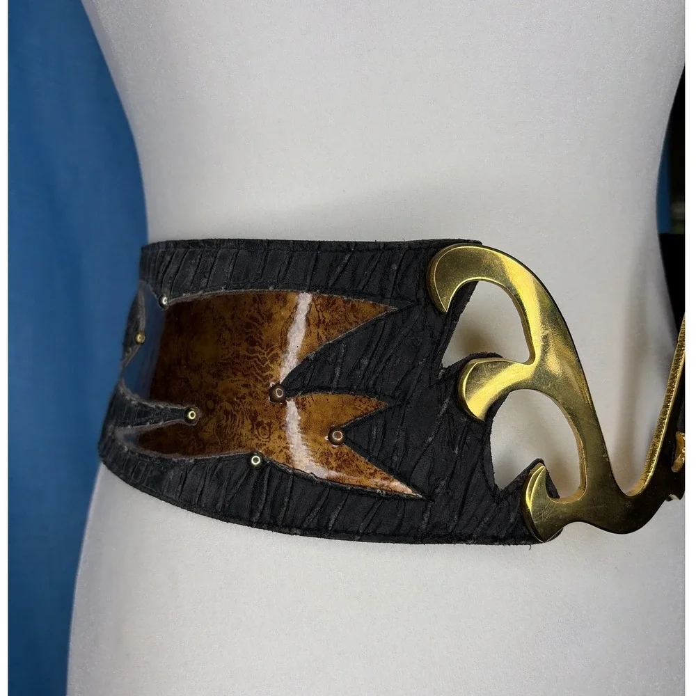 Vintage 80s Wide Black Leather Waist Belt Gold Abstract Buckle Bronze Inlay M